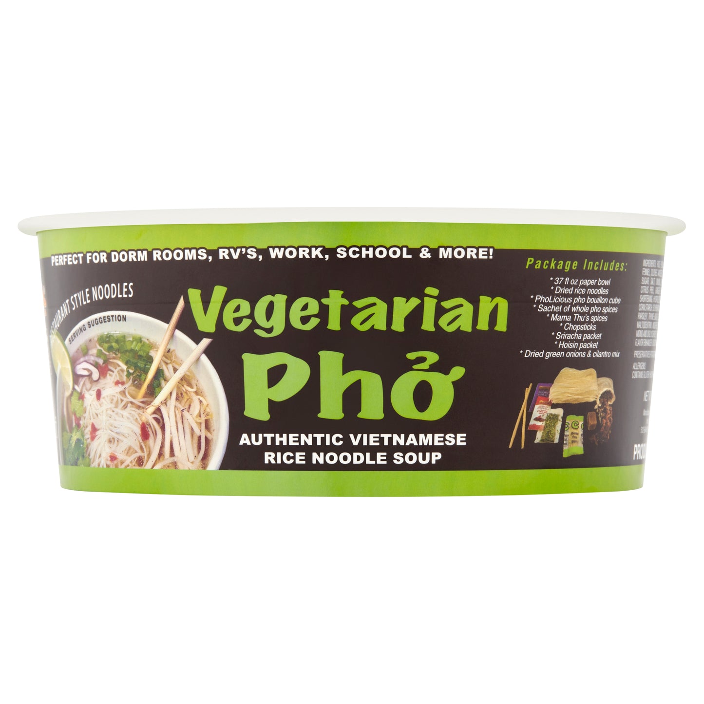PHO: VEGETARIAN, Pholicious Authentic Instant Pho , Vietnamese Rice Noodle Soup, 4 pack / 3.6 Ounce Bowls, Ramen Alternative & Fresh Ingredients