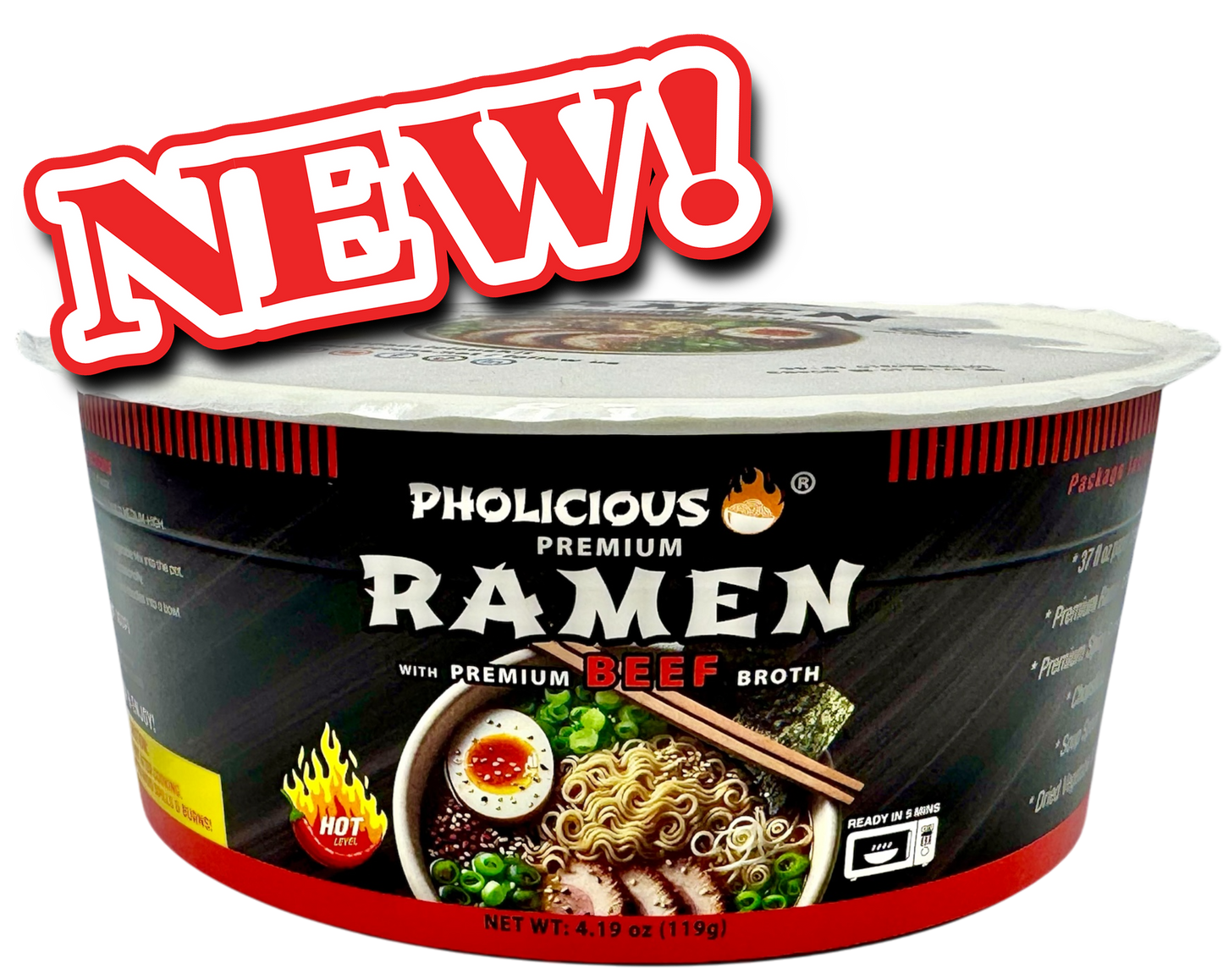 PREMIUM RAMEN: Spicy BEEF, Instant, PhoLicious Brand, 4 Pack / 4.19 Ounce Bowls, Fresh Ingredients