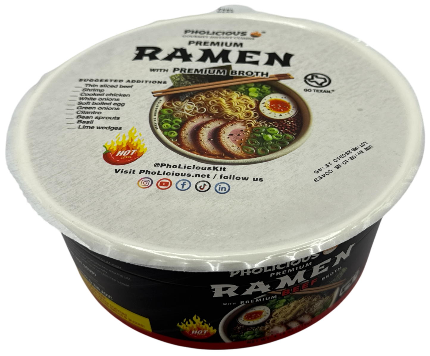 PREMIUM RAMEN: Spicy BEEF, Instant, PhoLicious Brand, 4 Pack / 4.19 Ounce Bowls, Fresh Ingredients