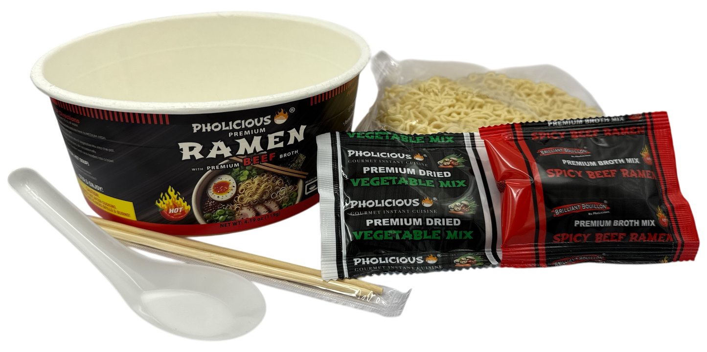 PREMIUM RAMEN: Spicy BEEF, Instant, PhoLicious Brand, 4 Pack / 4.19 Ounce Bowls, Fresh Ingredients