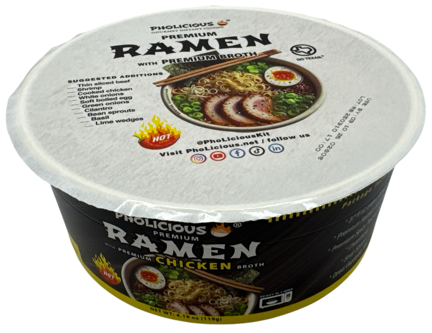 PREMIUM RAMEN: Spicy CHICKEN, Instant, PhoLicious Brand, 4 Pack / 4.19 Ounce Bowls, Fresh Ingredients