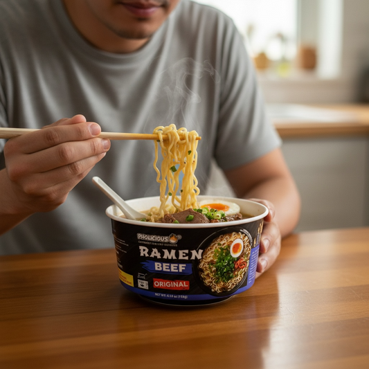 PREMIUM RAMEN: ORIGINAL BEEF, Instant, PhoLicious Brand, 4 Pack / 4.19 Ounce Bowls, Fresh Ingredients