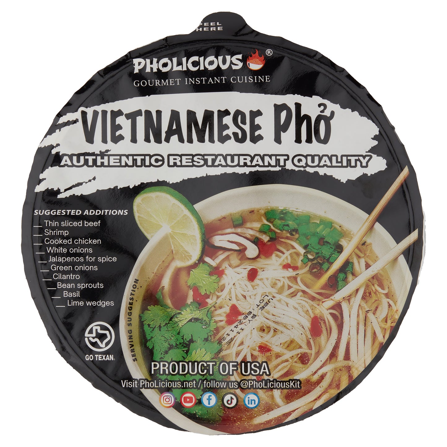 PHO: VEGETARIAN, Pholicious Authentic Instant Pho , Vietnamese Rice Noodle Soup, 4 pack / 3.6 Ounce Bowls, Ramen Alternative & Fresh Ingredients