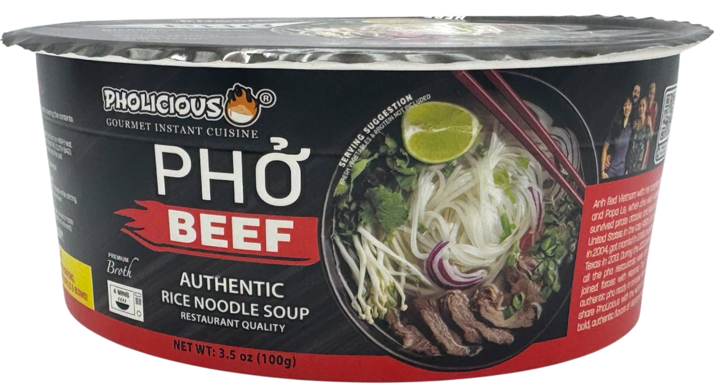 PHO: BEEF, Pholicious Authentic Instant Pho , Vietnamese Rice Noodle Soup, 4 pack / 3.6 Ounce Bowls, Ramen Alternative & Fresh Ingredients