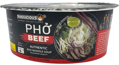 PHO: BEEF, Pholicious Authentic Instant Pho , Vietnamese Rice Noodle Soup, 4 pack / 3.6 Ounce Bowls, Ramen Alternative & Fresh Ingredients