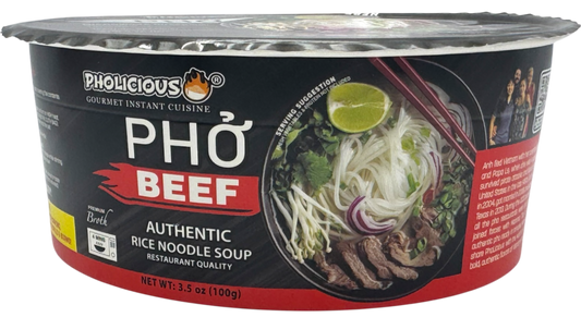 PHO: BEEF, Pholicious Authentic Instant Pho , Vietnamese Rice Noodle Soup, 4 pack / 3.6 Ounce Bowls, Ramen Alternative & Fresh Ingredients
