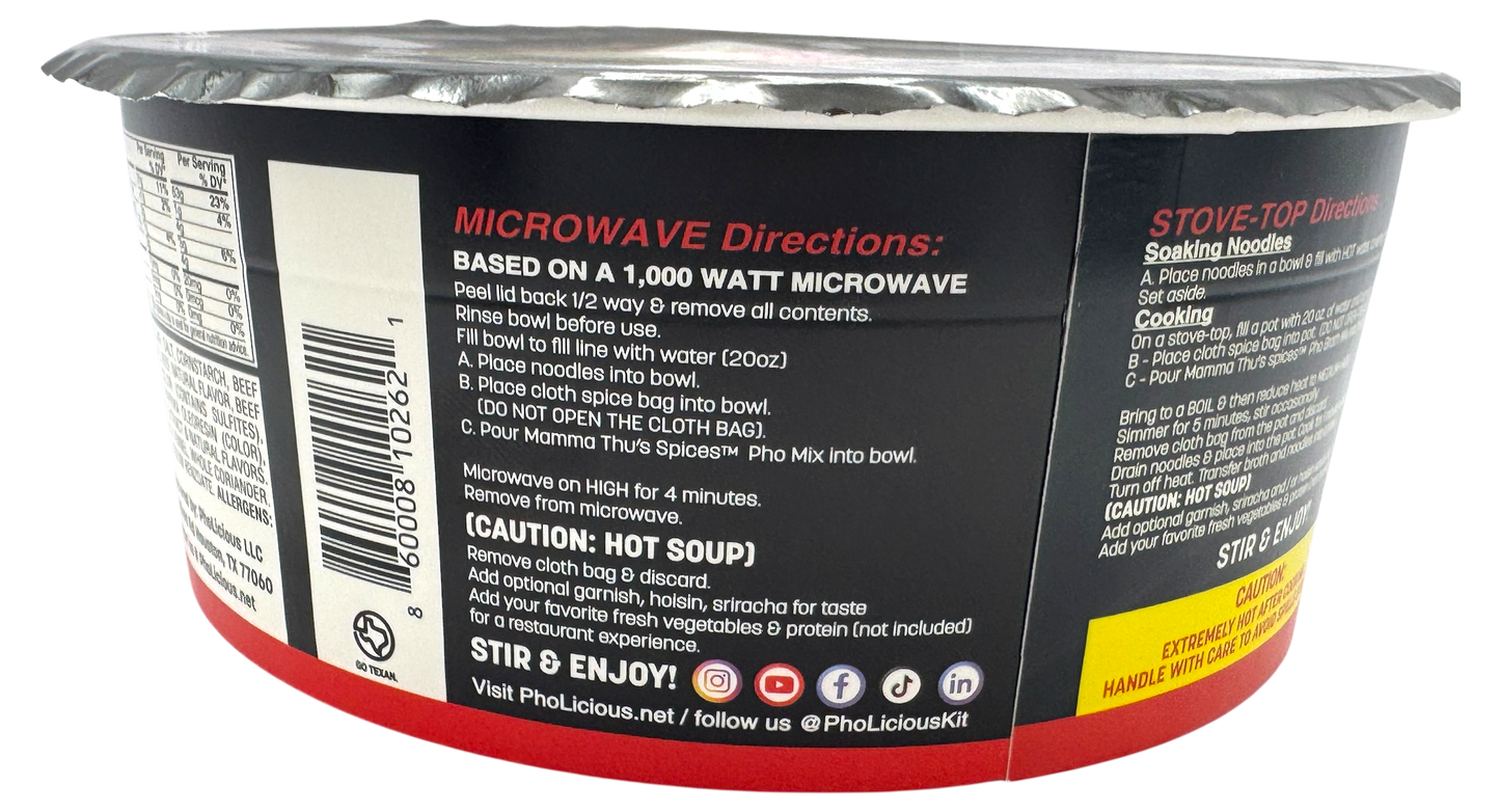 PHO: BEEF, Pholicious Authentic Instant Pho , Vietnamese Rice Noodle Soup, 4 pack / 3.6 Ounce Bowls, Ramen Alternative & Fresh Ingredients