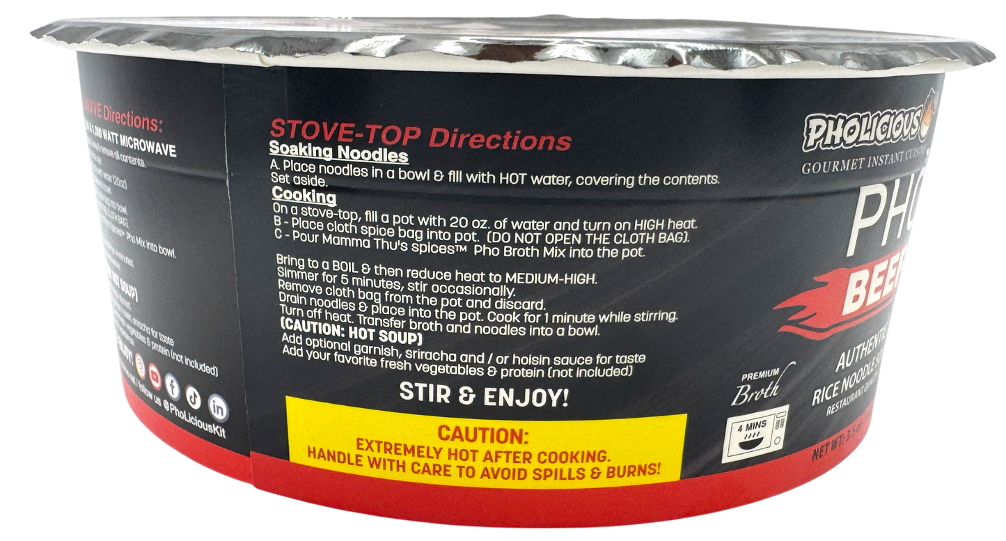 PHO: BEEF, Pholicious Authentic Instant Pho , Vietnamese Rice Noodle Soup, 4 pack / 3.6 Ounce Bowls, Ramen Alternative & Fresh Ingredients