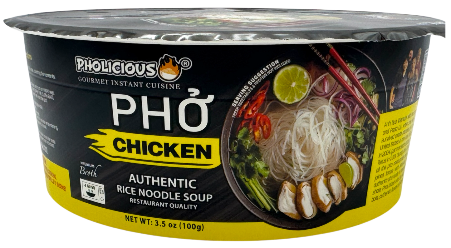PHO: CHICKEN, Pholicious Authentic Instant Pho , Vietnamese Rice Noodle Soup, 4 pack / 3.6 Ounce Bowls, Ramen Alternative & Fresh Ingredients