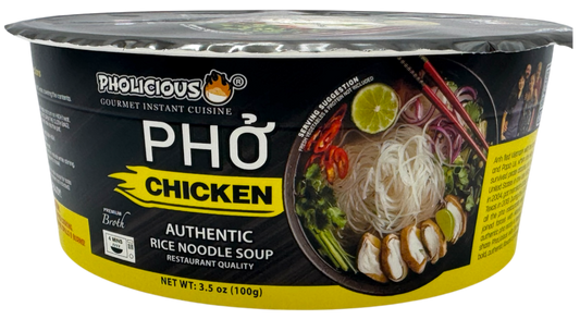 PHO: CHICKEN, Pholicious Authentic Instant Pho , Vietnamese Rice Noodle Soup, 4 pack / 3.6 Ounce Bowls, Ramen Alternative & Fresh Ingredients