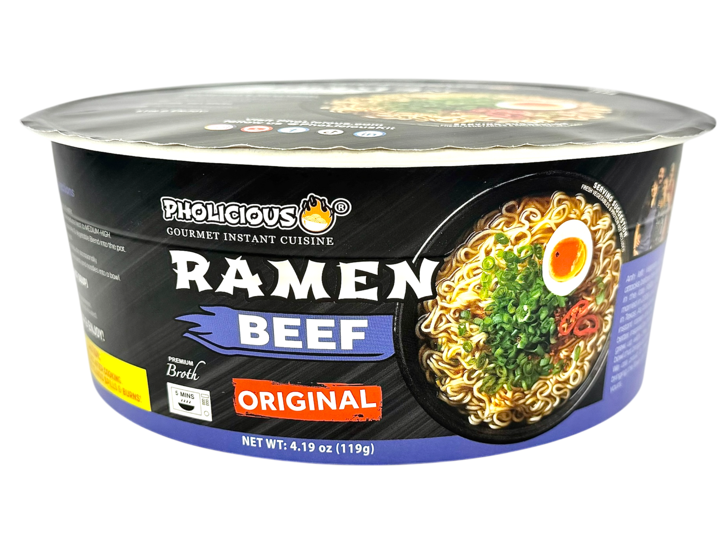 PREMIUM RAMEN: ORIGINAL BEEF, Instant, PhoLicious Brand, 4 Pack / 4.19 Ounce Bowls, Fresh Ingredients