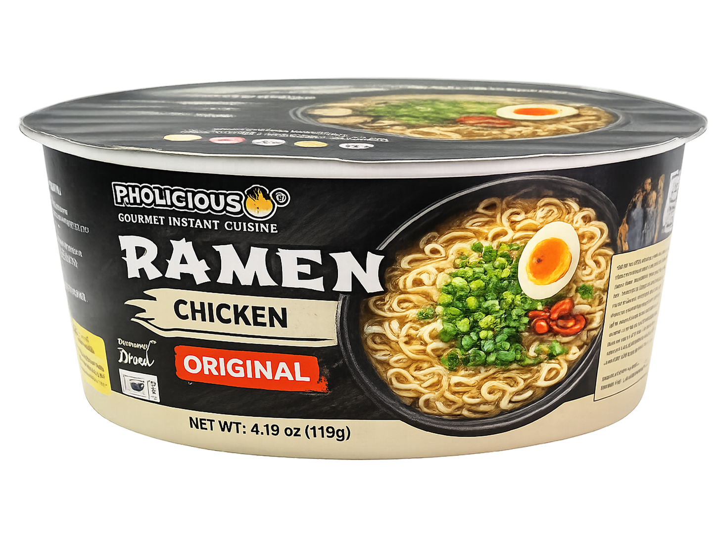 PREMIUM RAMEN: ORIGINAL Chicken, Instant, PhoLicious Brand, 4 Pack / 4.19 Ounce Bowls, Fresh Ingredients
