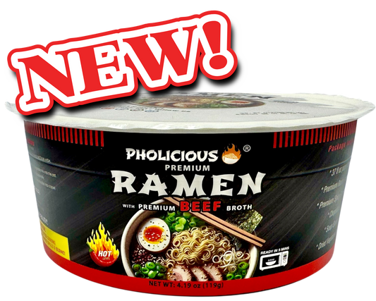 PREMIUM RAMEN: Spicy BEEF, Instant, PhoLicious Brand, 4 Pack / 4.19 Ounce Bowls, Fresh Ingredients