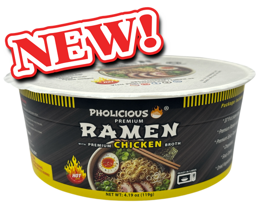 PREMIUM RAMEN: Spicy CHICKEN, Instant, PhoLicious Brand, 4 Pack / 4.19 Ounce Bowls, Fresh Ingredients