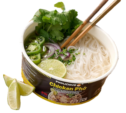 Instant CHICKEN Pho Pholicious,, Vietnamese Rice Noodle Soup, 4 pack / 3.6 Ounce Bowls, Ramen Alternative & Fresh Ingredients