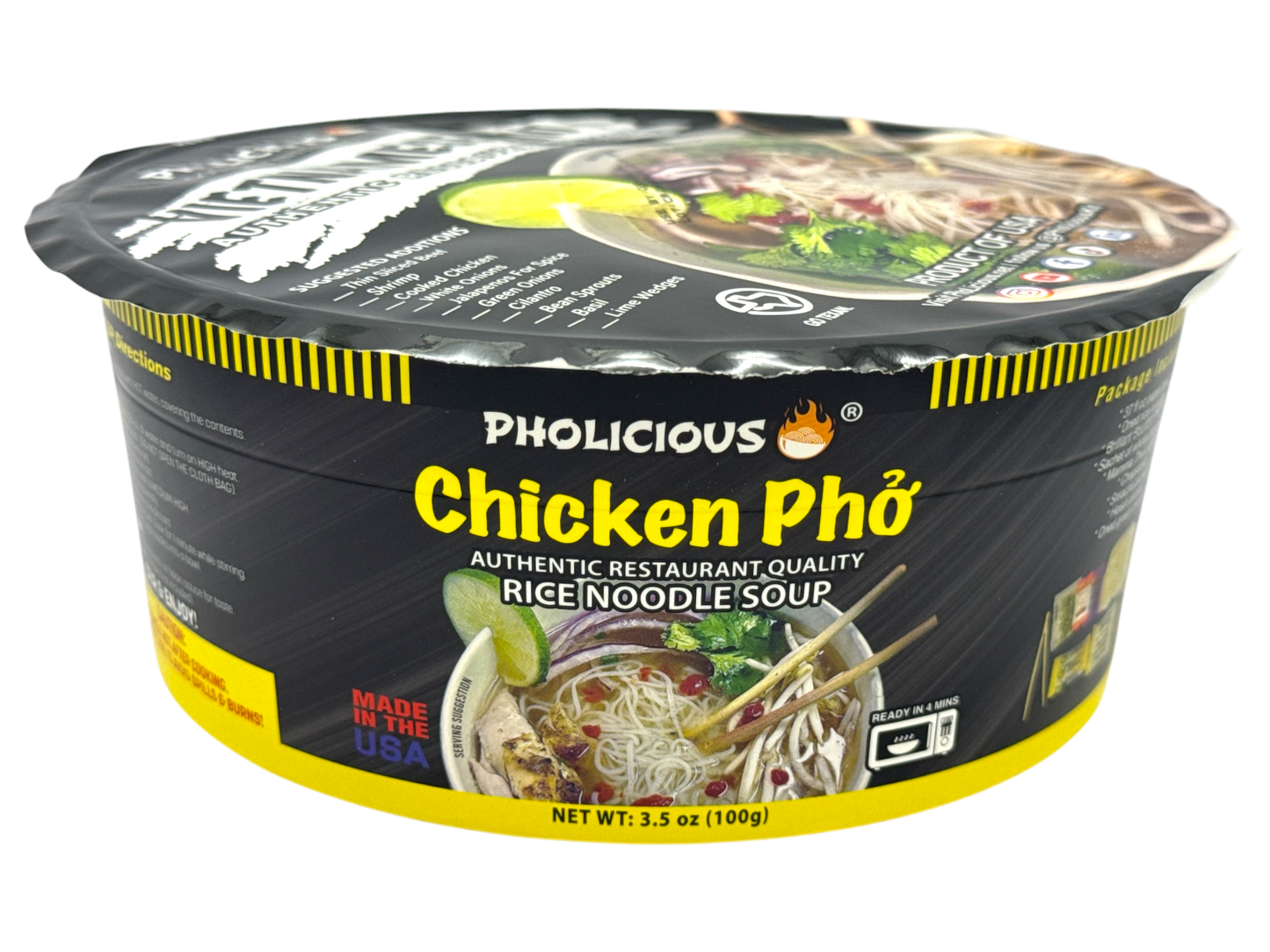 Instant CHICKEN Pho Pholicious,, Vietnamese Rice Noodle Soup, 4 pack / 3.6 Ounce Bowls, Ramen Alternative & Fresh Ingredients