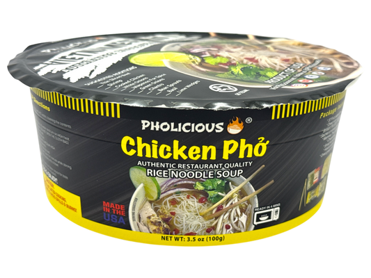 PHO: CHICKEN, Pholicious Authentic Instant Pho , Vietnamese Rice Noodle Soup, 4 pack / 3.6 Ounce Bowls, Ramen Alternative & Fresh Ingredients