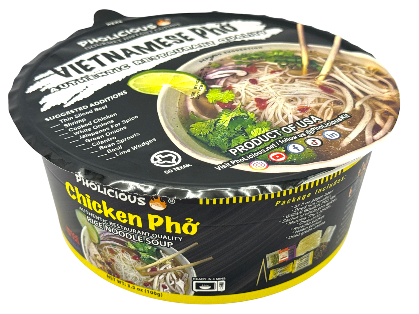 Instant CHICKEN Pho Pholicious,, Vietnamese Rice Noodle Soup, 4 pack / 3.6 Ounce Bowls, Ramen Alternative & Fresh Ingredients