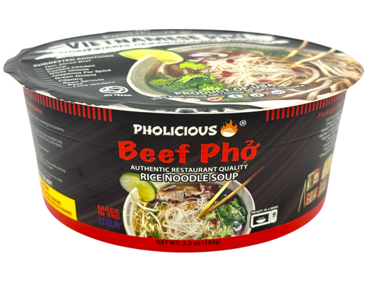 PHO: BEEF, Pholicious Authentic Instant Pho , Vietnamese Rice Noodle Soup, 4 pack / 3.6 Ounce Bowls, Ramen Alternative & Fresh Ingredients