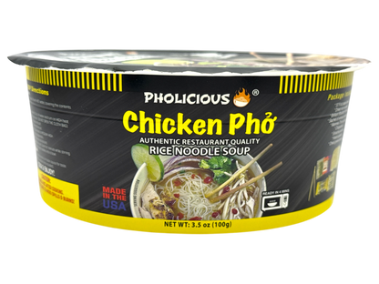 Instant CHICKEN Pho Pholicious,, Vietnamese Rice Noodle Soup, 4 pack / 3.6 Ounce Bowls, Ramen Alternative & Fresh Ingredients
