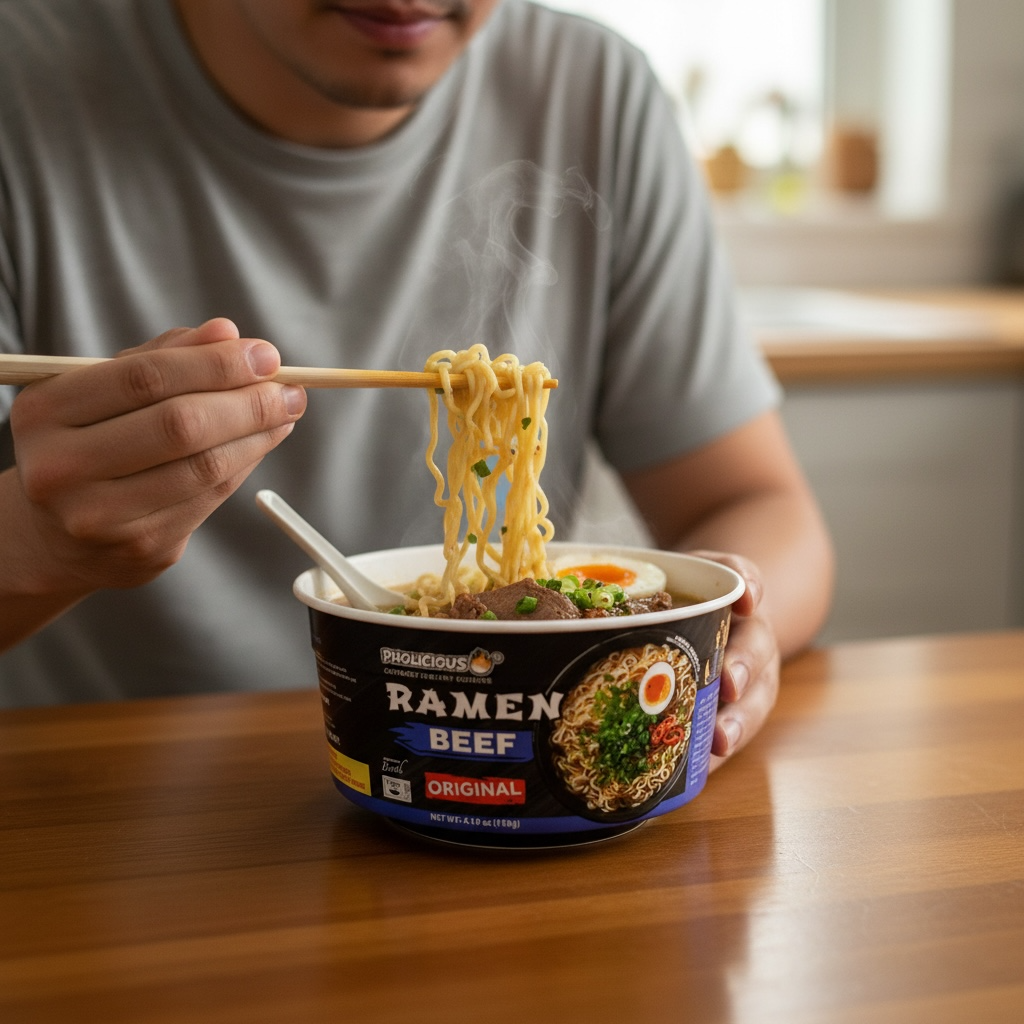 PREMIUM RAMEN: ORIGINAL BEEF, Instant, PhoLicious Brand, 4 Pack / 4.19 Ounce Bowls, Fresh Ingredients