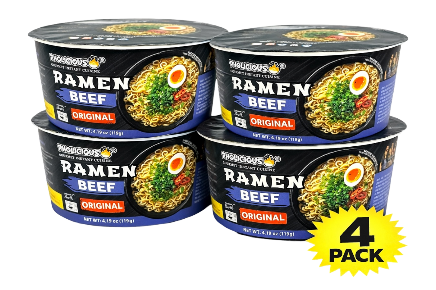 PREMIUM RAMEN: ORIGINAL BEEF, Instant, PhoLicious Brand, 4 Pack / 4.19 Ounce Bowls, Fresh Ingredients