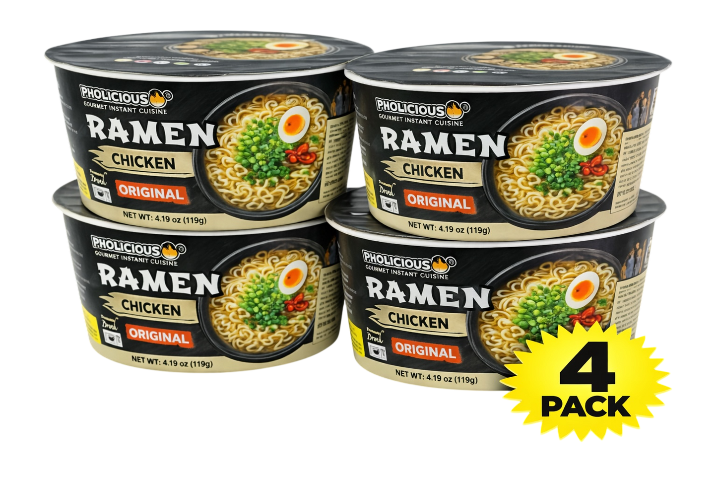 PREMIUM RAMEN: ORIGINAL Chicken, Instant, PhoLicious Brand, 4 Pack / 4.19 Ounce Bowls, Fresh Ingredients