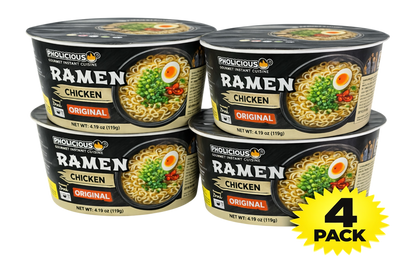 PREMIUM RAMEN: ORIGINAL Chicken, Instant, PhoLicious Brand, 4 Pack / 4.19 Ounce Bowls, Fresh Ingredients