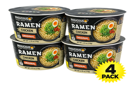 PREMIUM RAMEN: ORIGINAL Chicken, Instant, PhoLicious Brand, 4 Pack / 4.19 Ounce Bowls, Fresh Ingredients