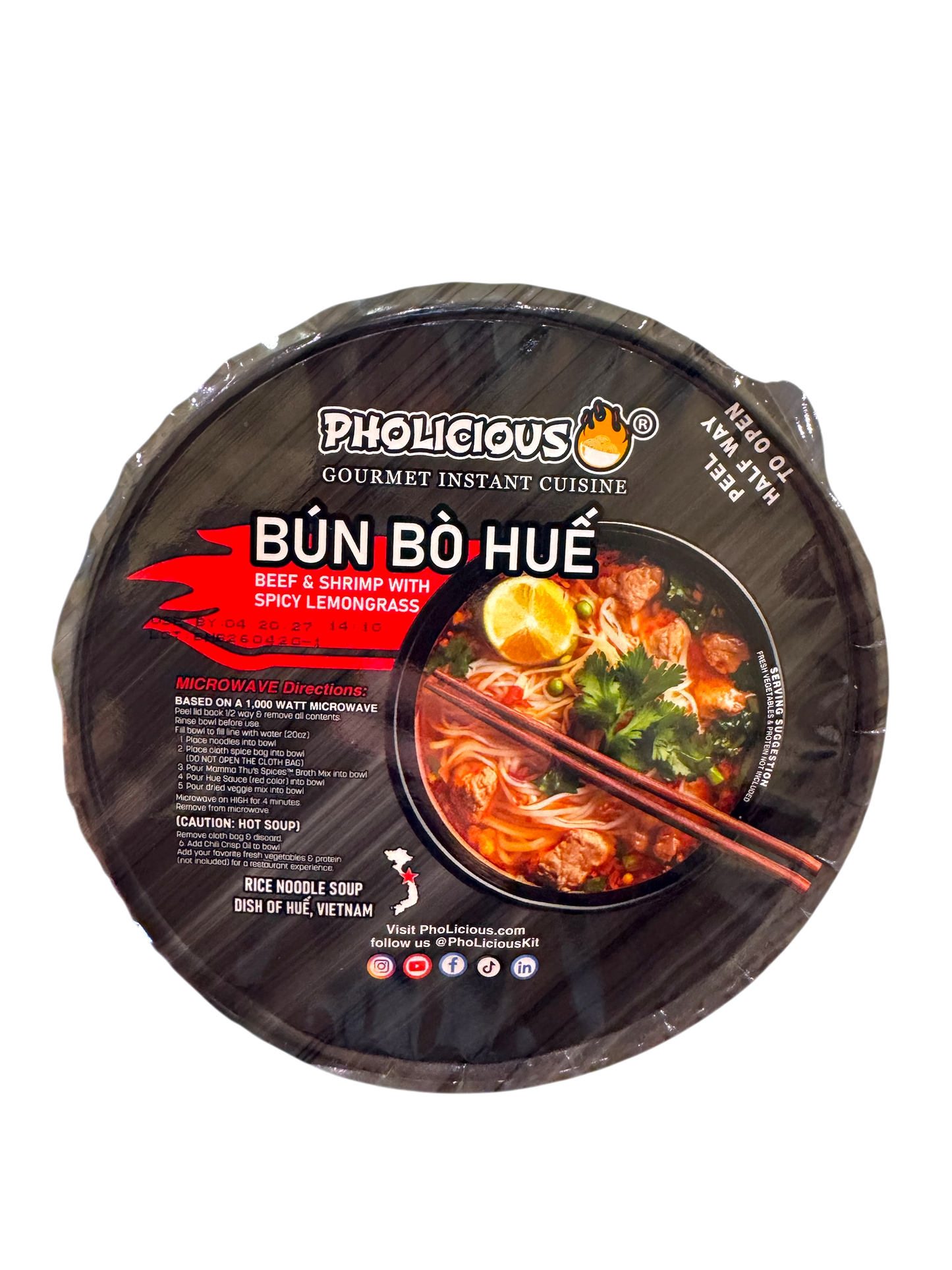 WALMART EXCLUSIVE - PhoLicious Instant Bun Bo Hue, Bún Bò Huế, Vietnamese Spicy Beef Rice Noodle Soup Bowl, Single Serve 4.15 oz, Gourmet Meal, Authentic Flavors & Fresh Ingredients, As Seen On Shark Tank