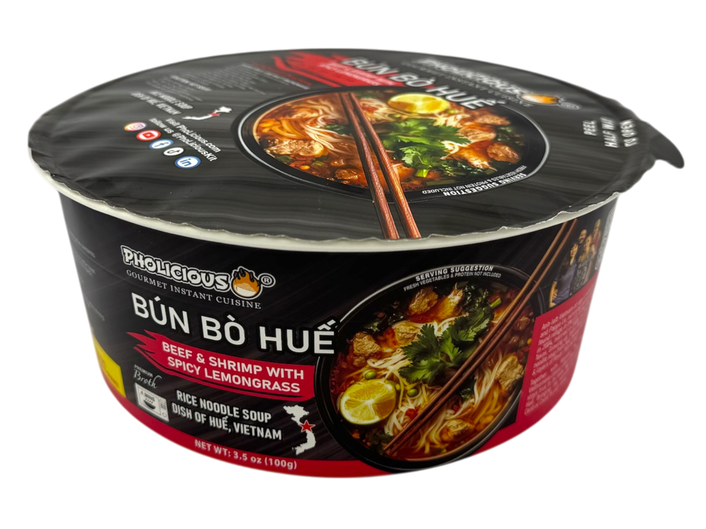 WALMART EXCLUSIVE - PhoLicious Instant Bun Bo Hue, Bún Bò Huế, Vietnamese Spicy Beef Rice Noodle Soup Bowl, Single Serve 4.15 oz, Gourmet Meal, Authentic Flavors & Fresh Ingredients, As Seen On Shark Tank
