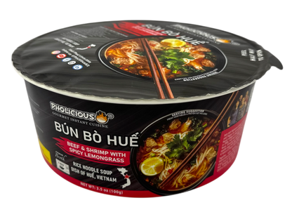 WALMART EXCLUSIVE - PhoLicious Instant Bun Bo Hue, Bún Bò Huế, Vietnamese Spicy Beef Rice Noodle Soup Bowl, Single Serve 4.15 oz, Gourmet Meal, Authentic Flavors & Fresh Ingredients, As Seen On Shark Tank