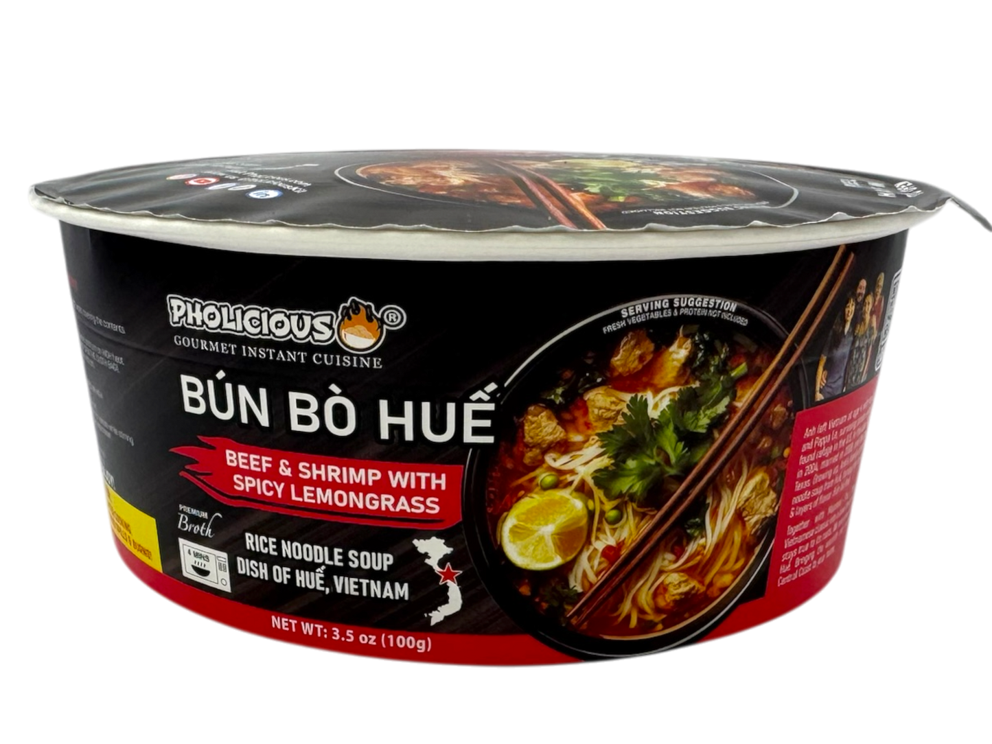 WALMART EXCLUSIVE - PhoLicious Instant Bun Bo Hue, Bún Bò Huế, Vietnamese Spicy Beef Rice Noodle Soup Bowl, Single Serve 4.15 oz, Gourmet Meal, Authentic Flavors & Fresh Ingredients, As Seen On Shark Tank