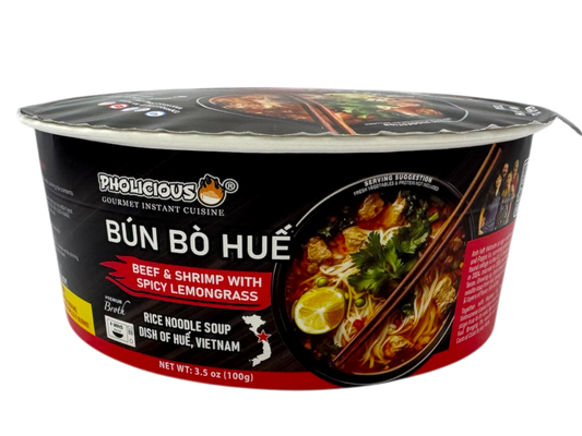 WALMART EXCLUSIVE - PhoLicious Instant Bun Bo Hue, Bún Bò Huế, Vietnamese Spicy Beef Rice Noodle Soup Bowl, Single Serve 4.15 oz, Gourmet Meal, Authentic Flavors & Fresh Ingredients, As Seen On Shark Tank
